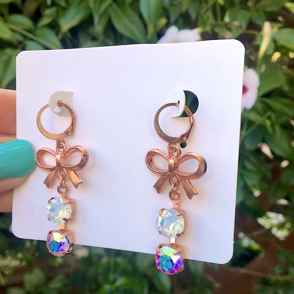 White Opal + Aurora Borealis Crystal Rose Gold Bow Earrings